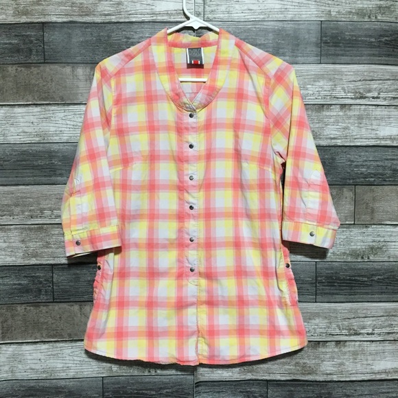 Helly Hansen Plaid Snap Button Shirt Women’s S Pink Yellow 1/2 Sleeve Collarless - Picture 4 of 9